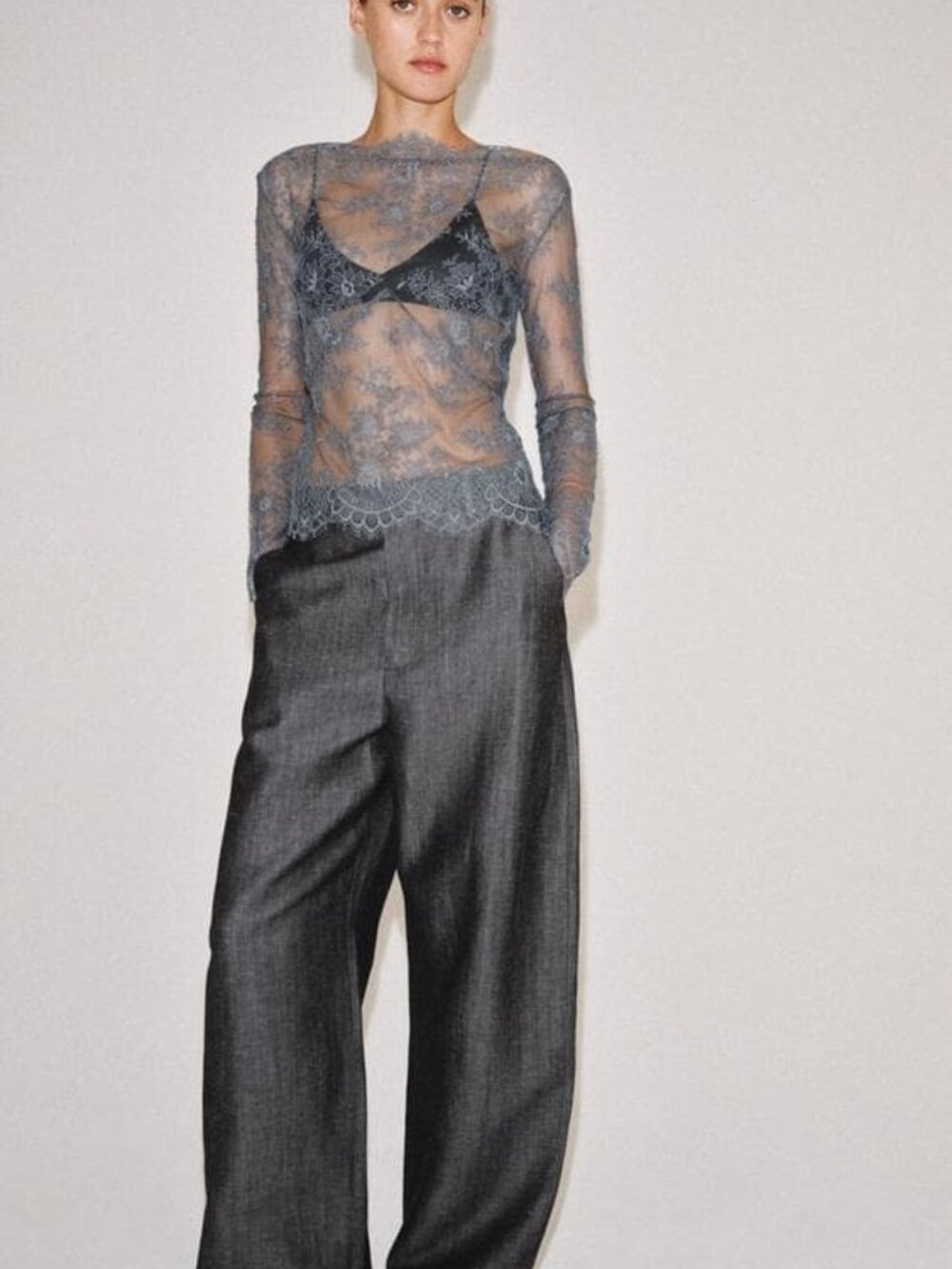 Zara Woman Collection Scalloped Lace Long Sleeve Top in Blue Grey Small NWT